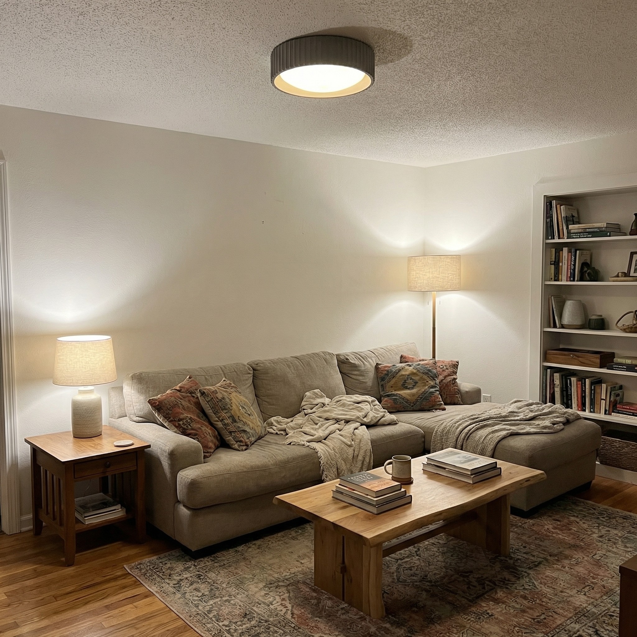 Acrion ceiling light in a living room with table lamp
