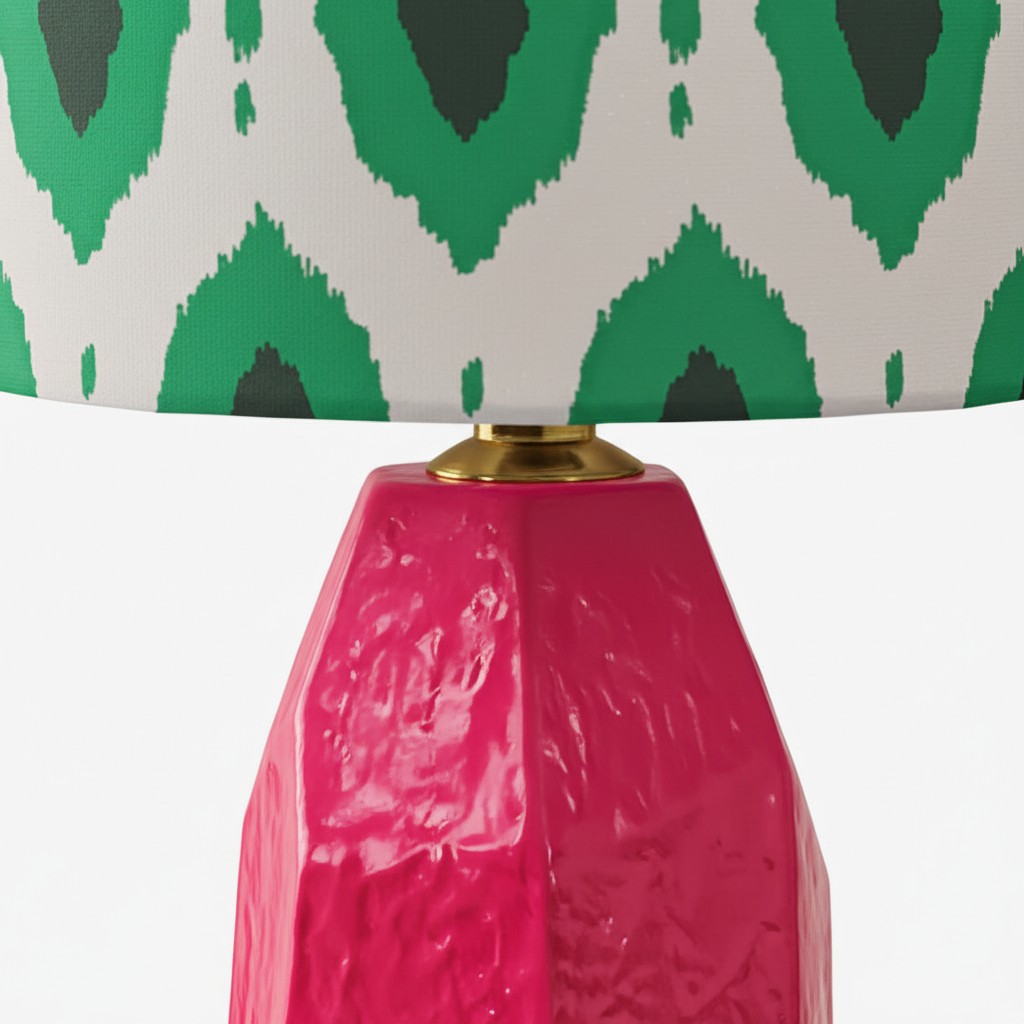 Close view of the Arivane lamp shade and pink ceramic base