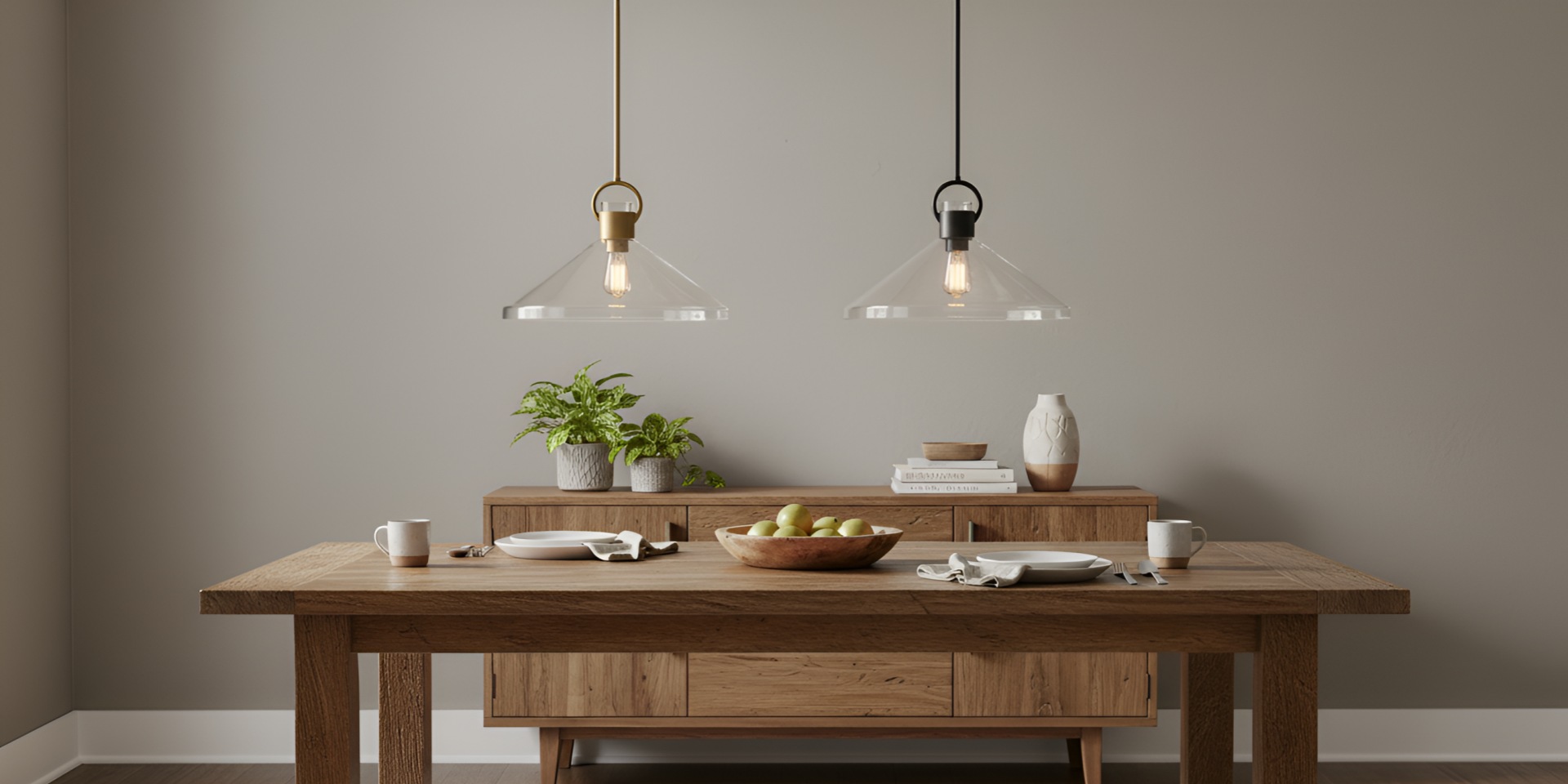 Orvessa pendant lights in brass and black finishes over a dining table