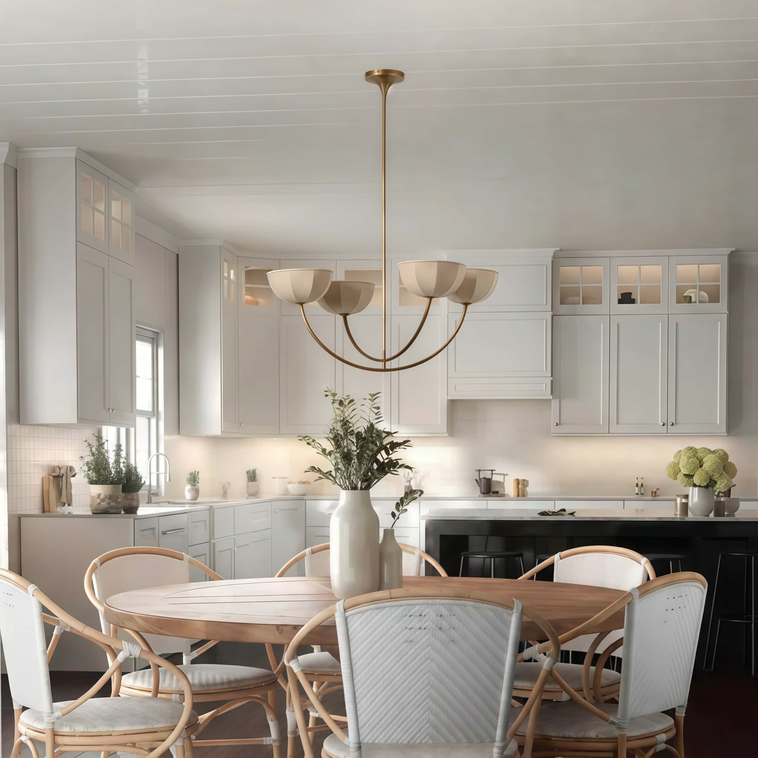 Customer room with Loomis chandelier above a dining table