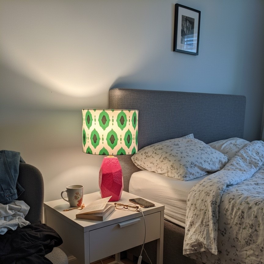 Arivane table lamp glowing on a bedside table