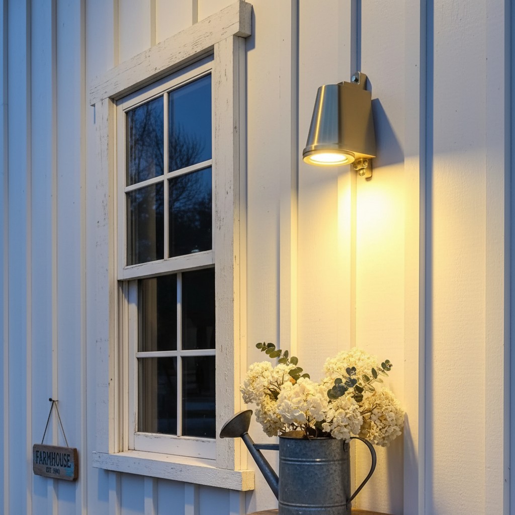 Customer installation of brass Orran outdoor wall light by a window