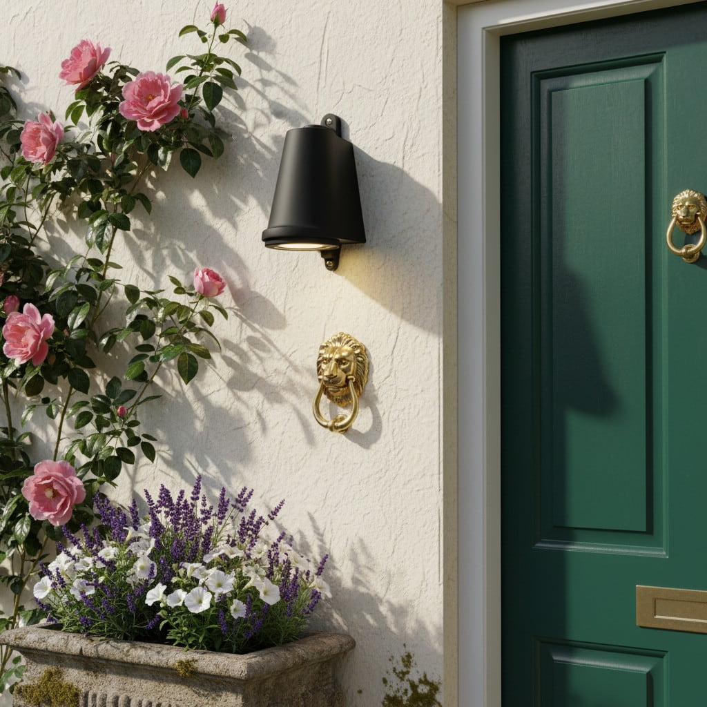 Black Orran wall light near flowers and a green door