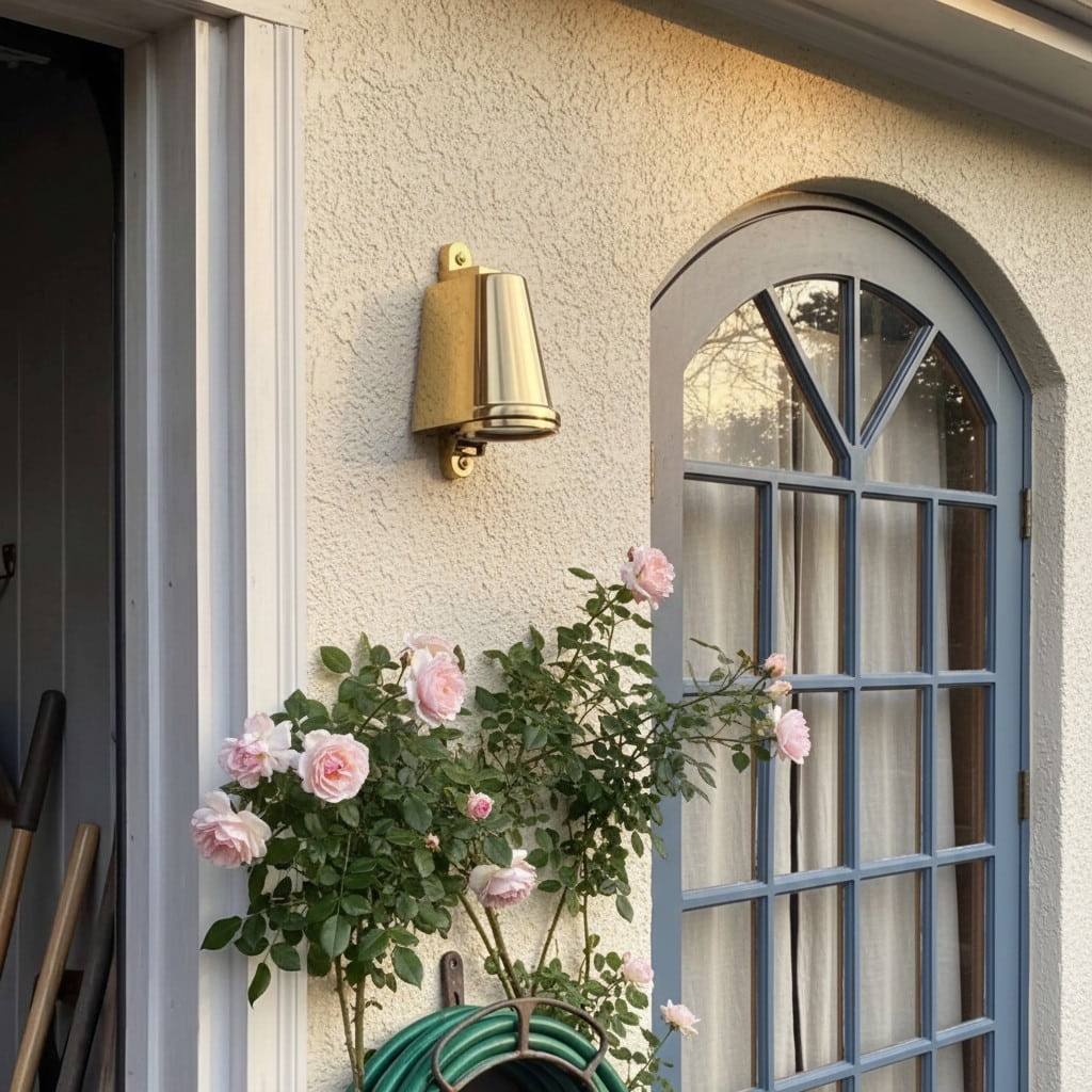 Customer installation of brass Orran wall light near flowers