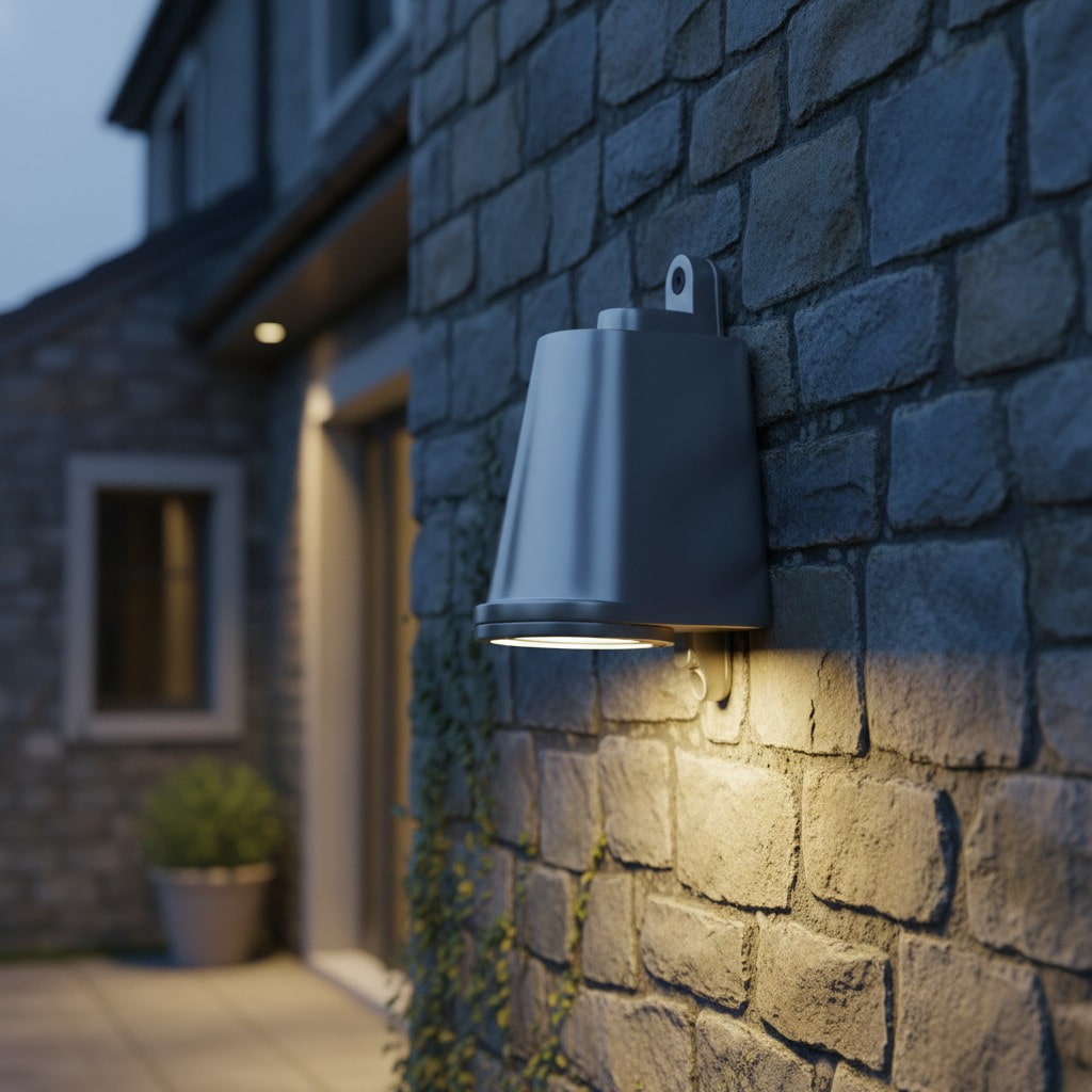 Orran wall light illuminating a stone exterior wall