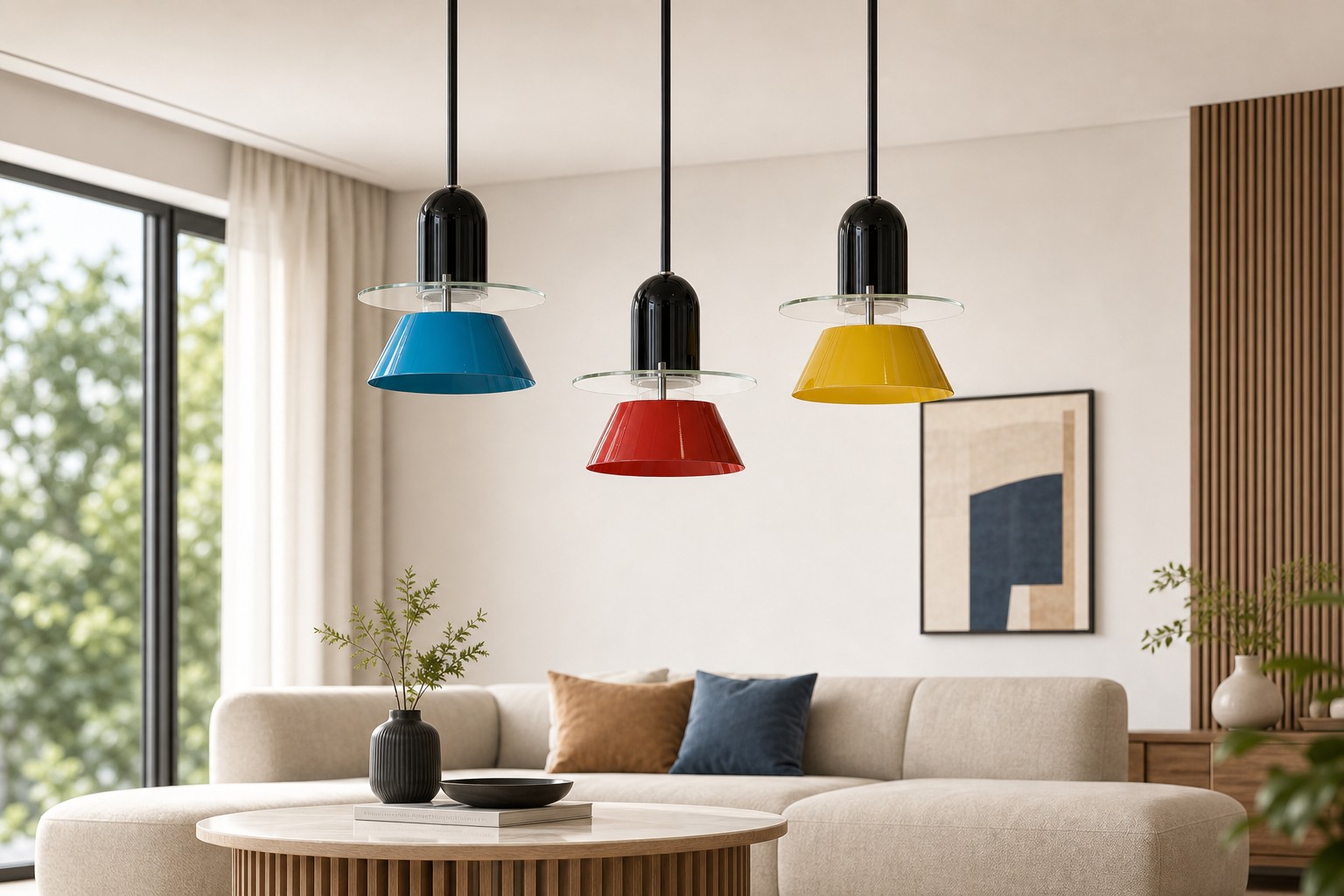 Multiple pendant lights in a living room