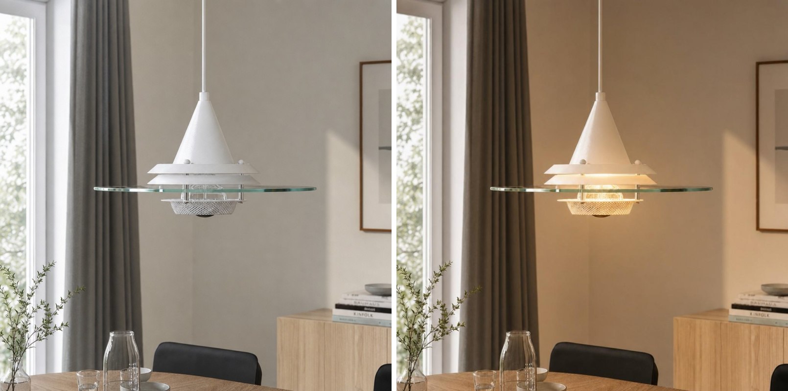 Switch light comparison showing the pendant lamp in different lighting modes