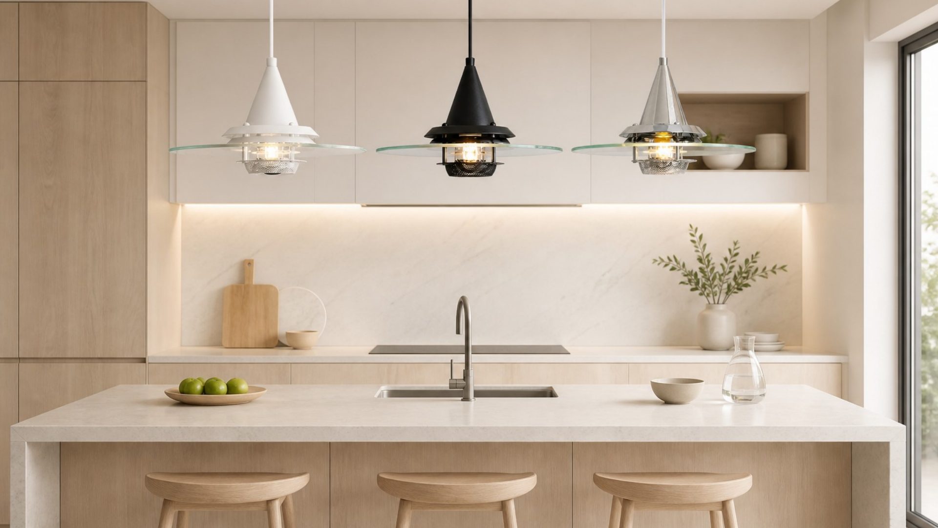 Multiple Moxellan pendant lights installed above a kitchen counter