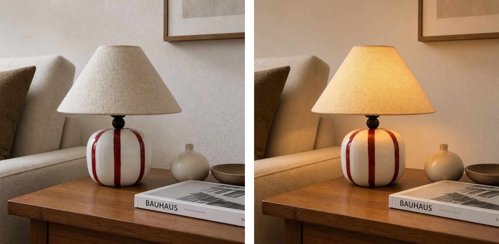 Switch light comparison showing the lamp off and warm light on