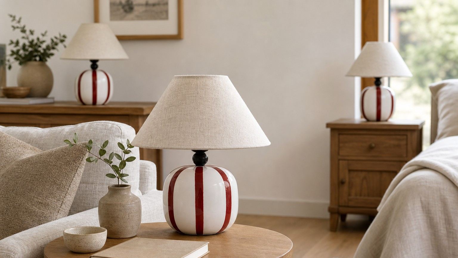Ceruna table lamp styled in a bedroom and lounge setting