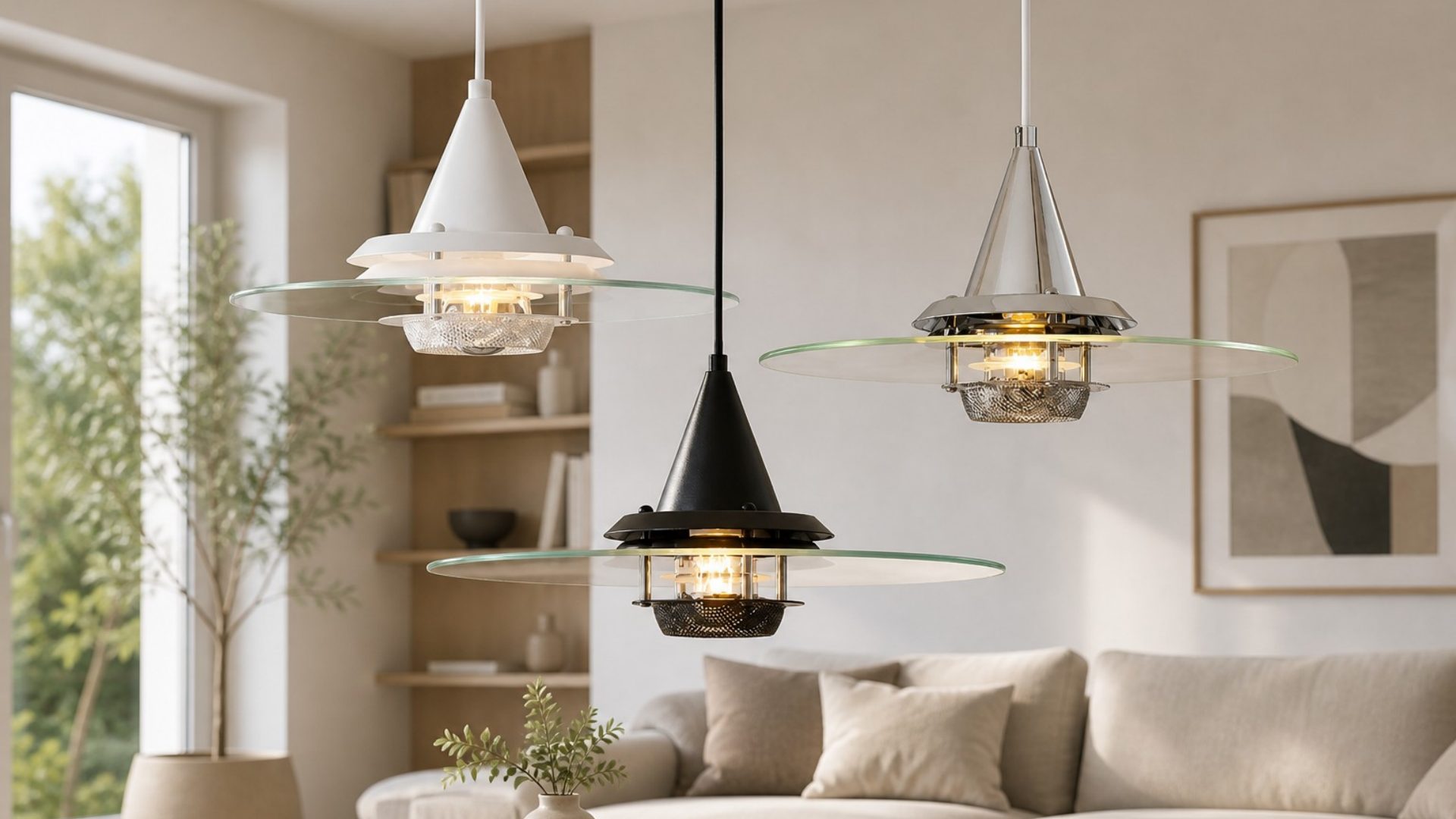 Three Moxellan pendant light finishes shown in a living room scene