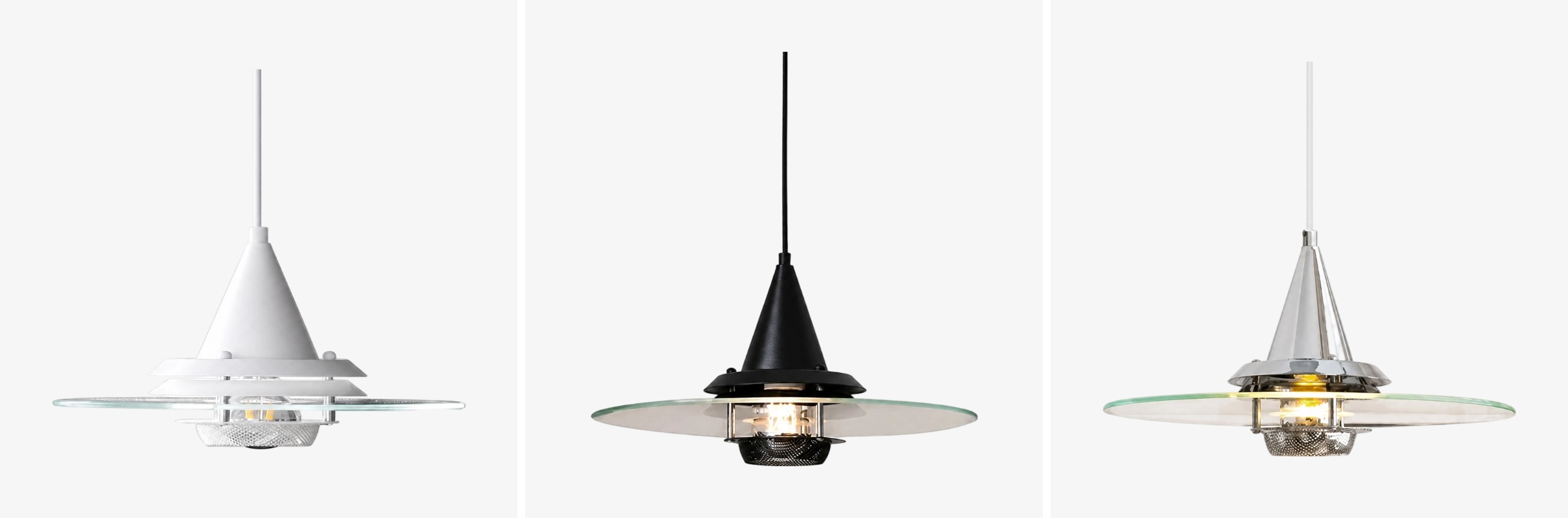 Moxellan pendant light finish options in white, black and chrome