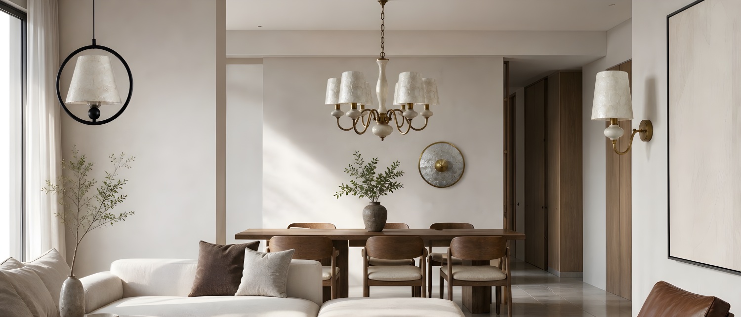 Shellure wall lamp styled in a calm living and dining room