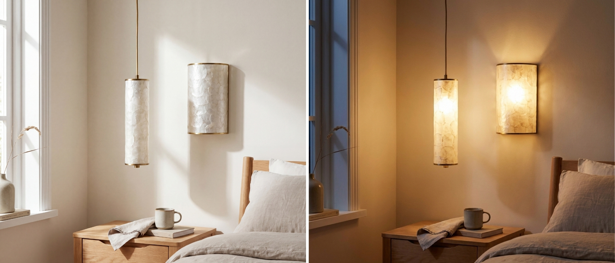 Bedroom scene with Capiz shell pendant lighting