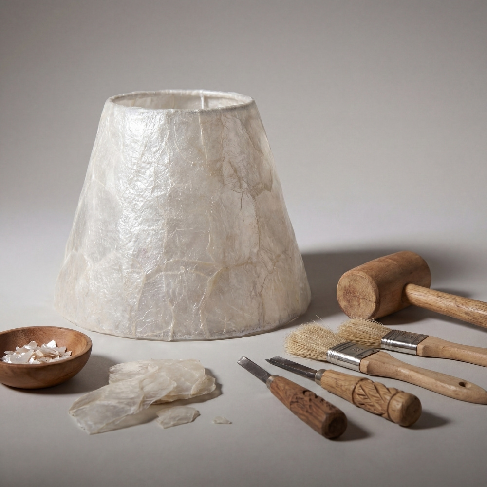 Handcrafted shell mica shade with tools