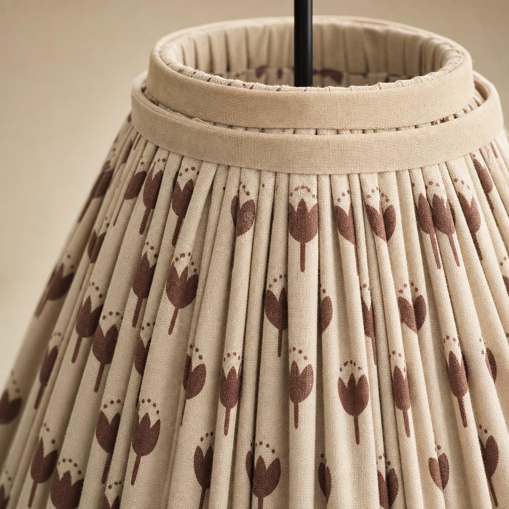 Close view of the pleated floral fabric shade