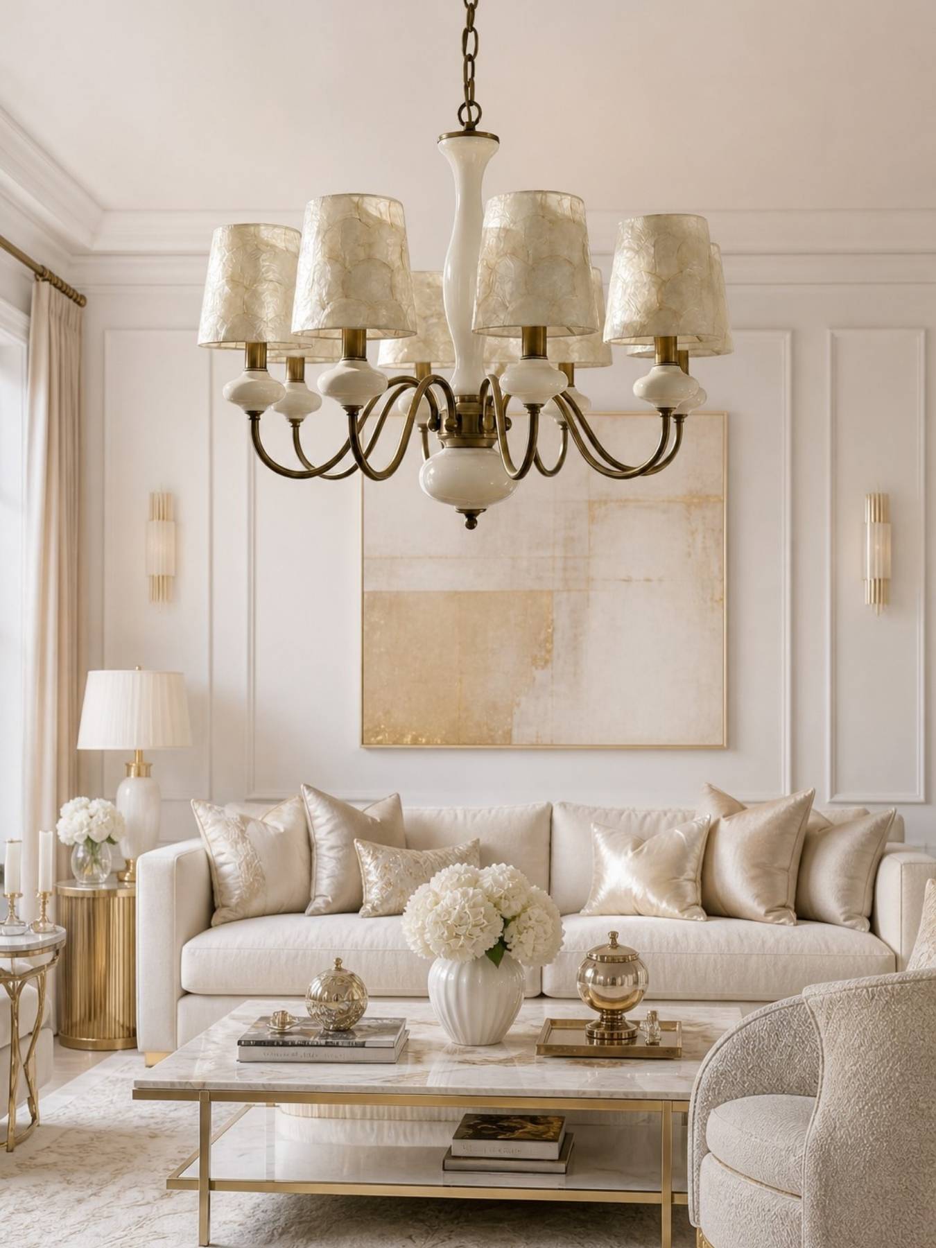 Shellure wall lamp beside a calm bedroom setting