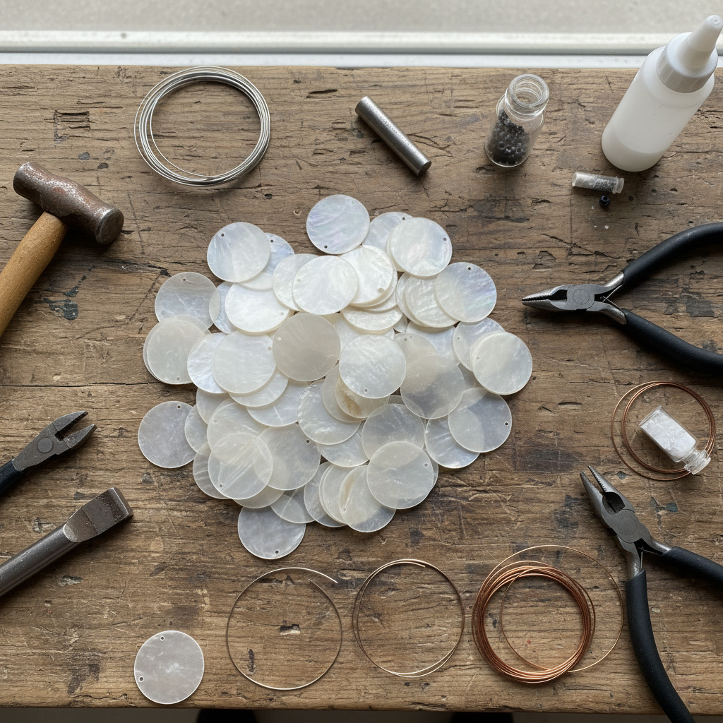 Natural shell pieces and craft tools on a workbench