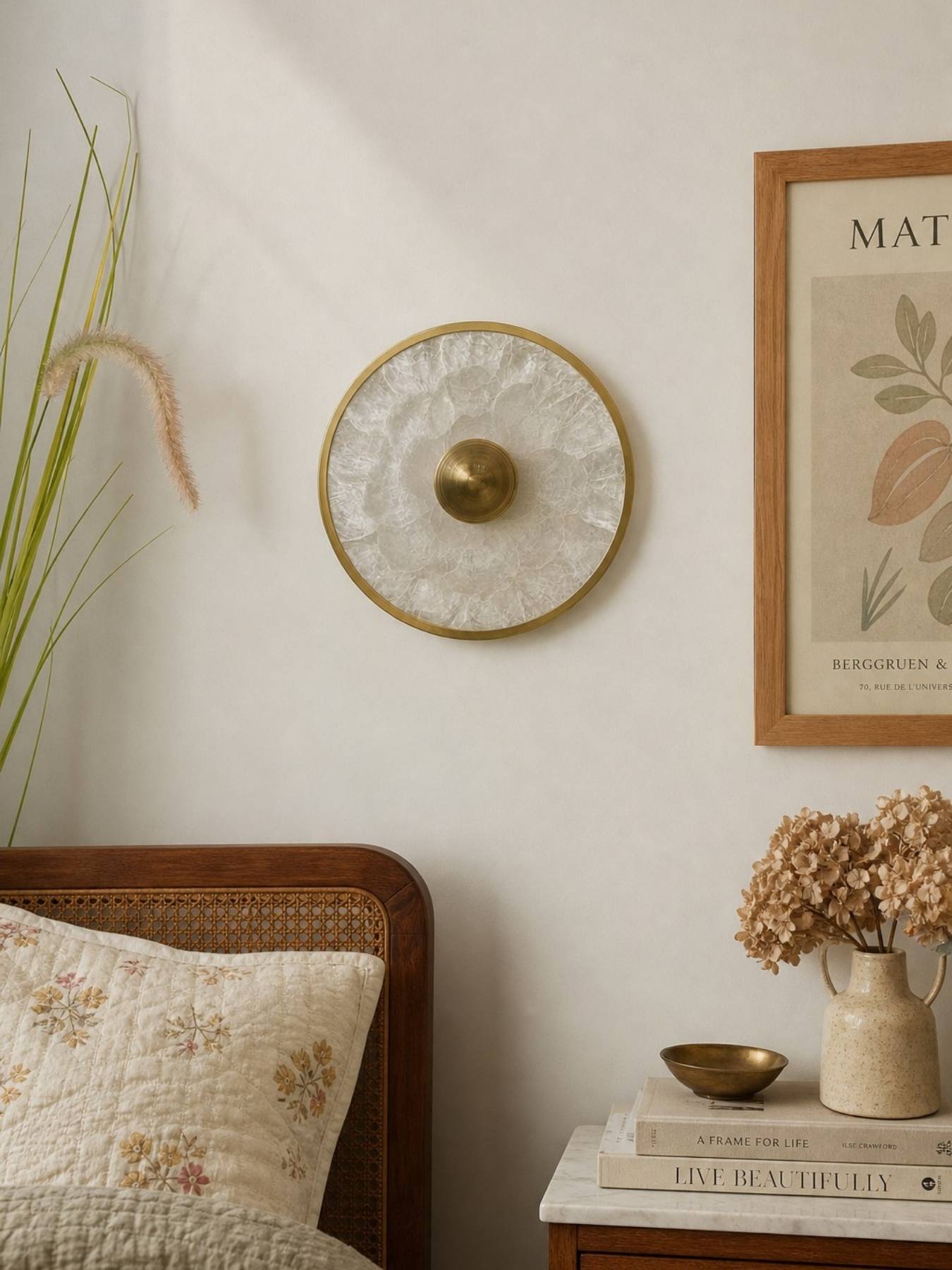 Shellure chandelier and wall lamp in a warm living room