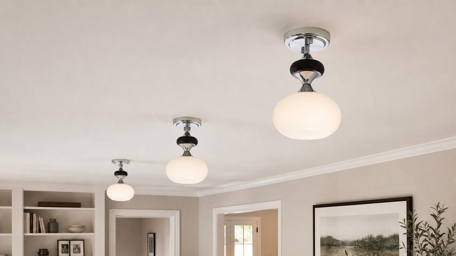Multiple Valesey ceiling lamps in a hallway