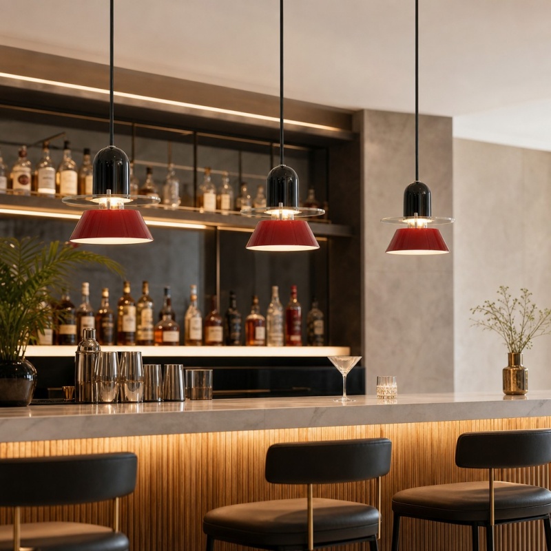 Pendant lights above a bar counter