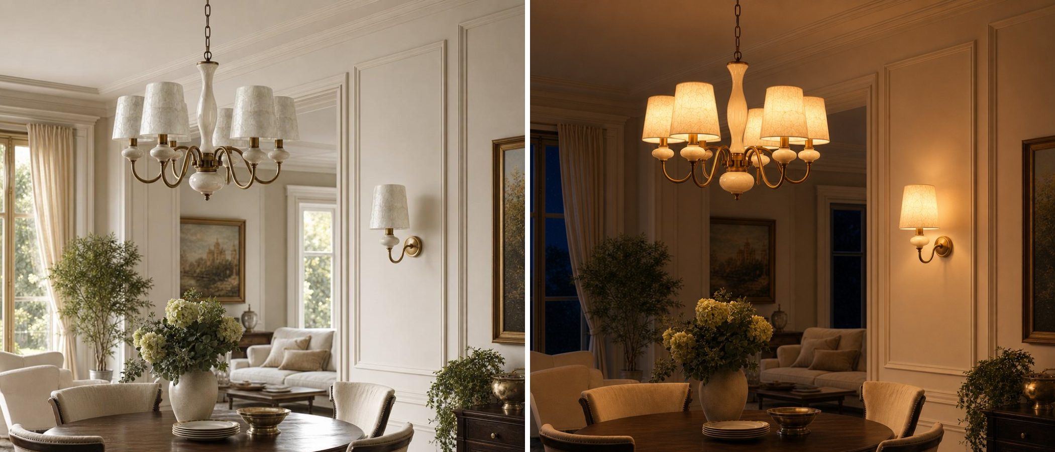 Shellure lamp glowing warmly at night