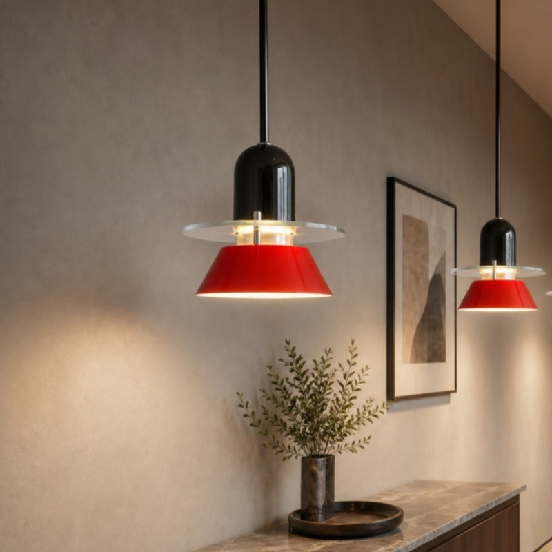 Pendant lights in a hallway setting