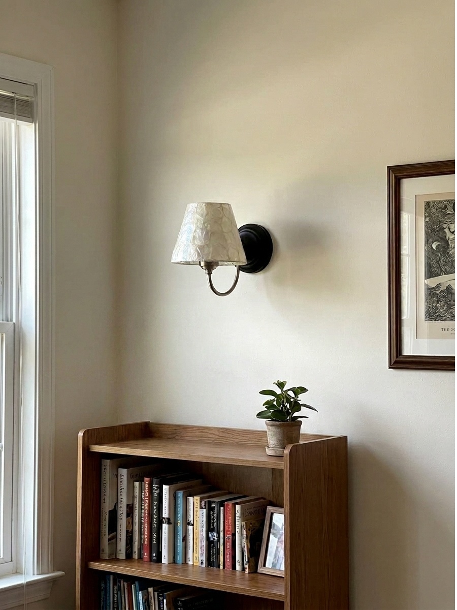Home interior with brass Capiz shell pendant