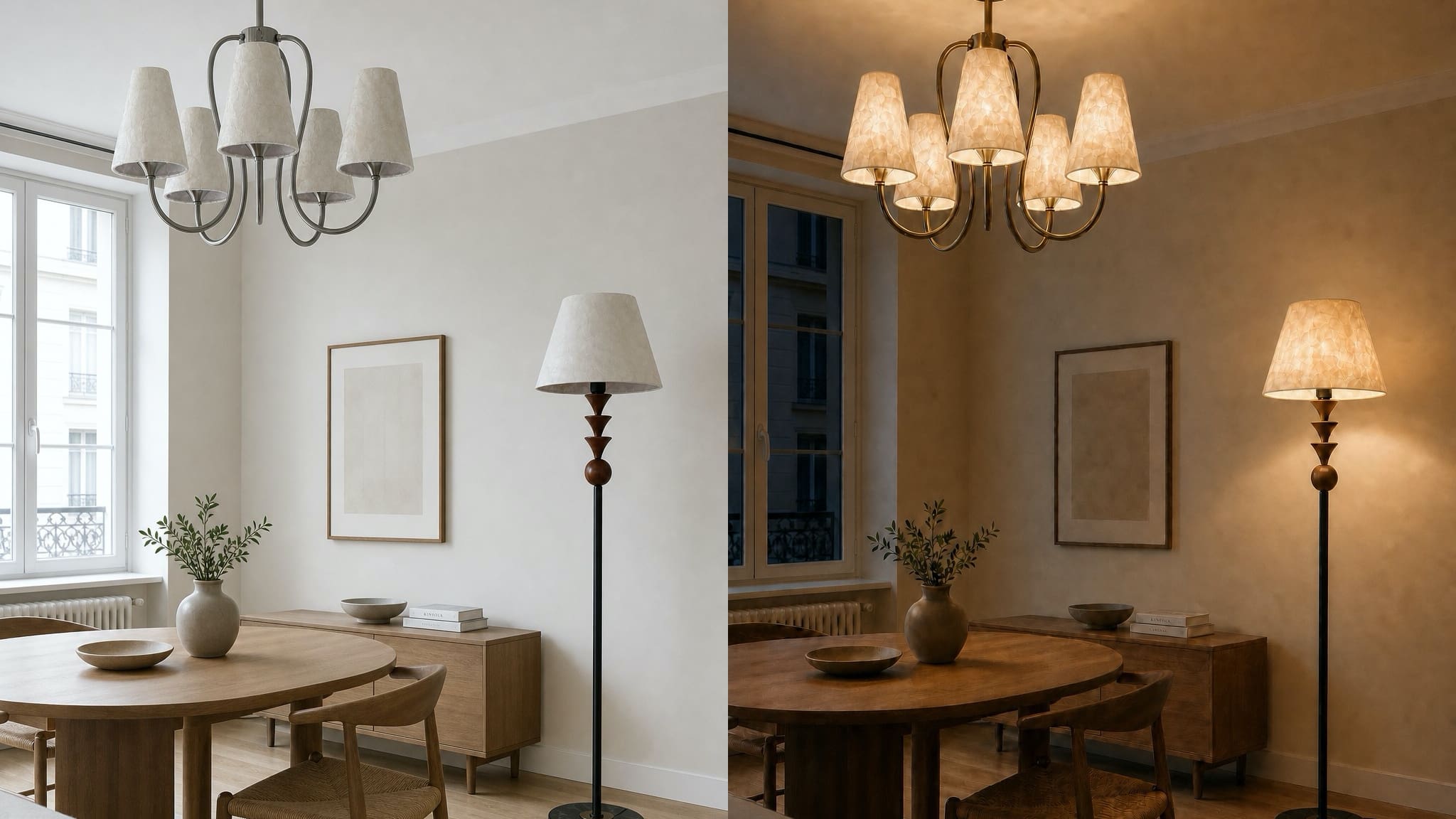 Micahell floor lamp glowing at night