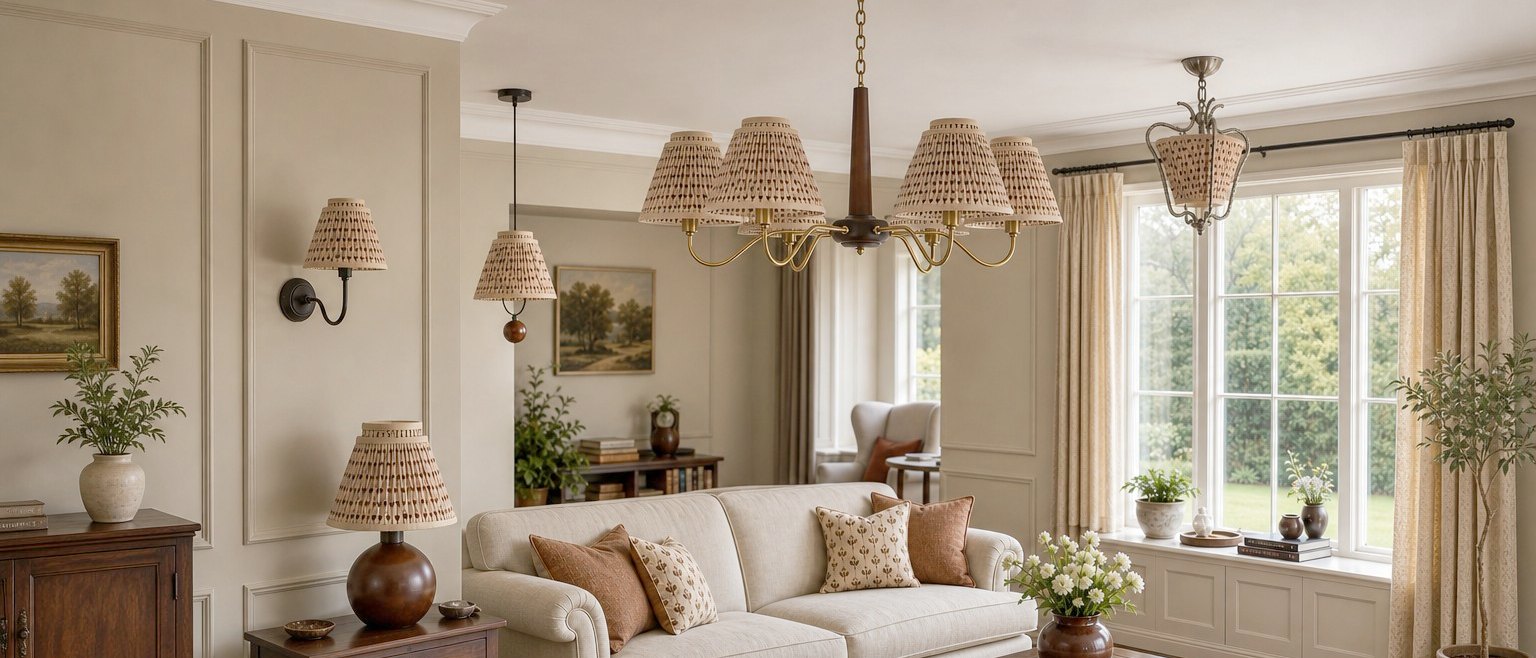 Solmire decorative fabric pendant light styled in a warm living room