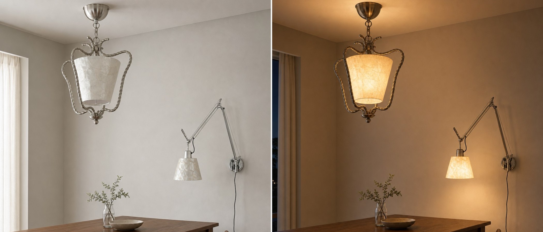 Lunavera shell ceiling light glowing in a warm evening room scene
