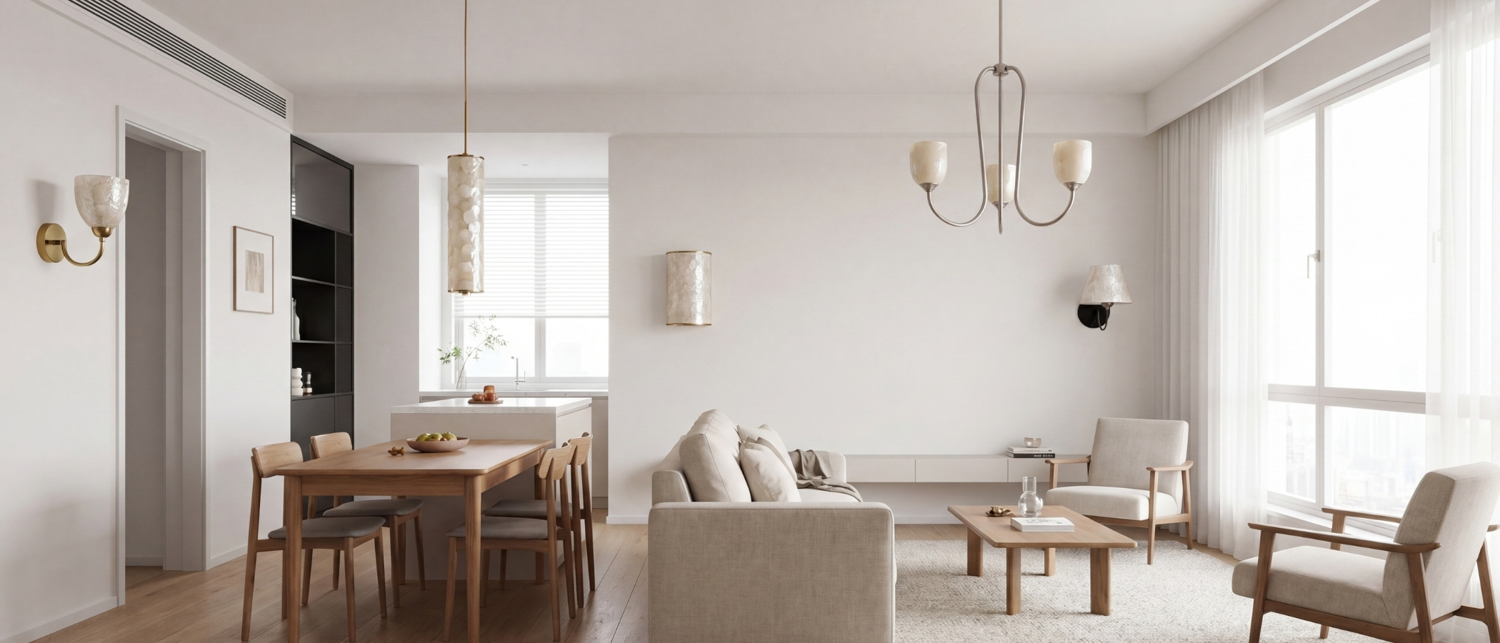 Nacrelith Capiz shell brass pendant and matching lights in a calm living and dining room