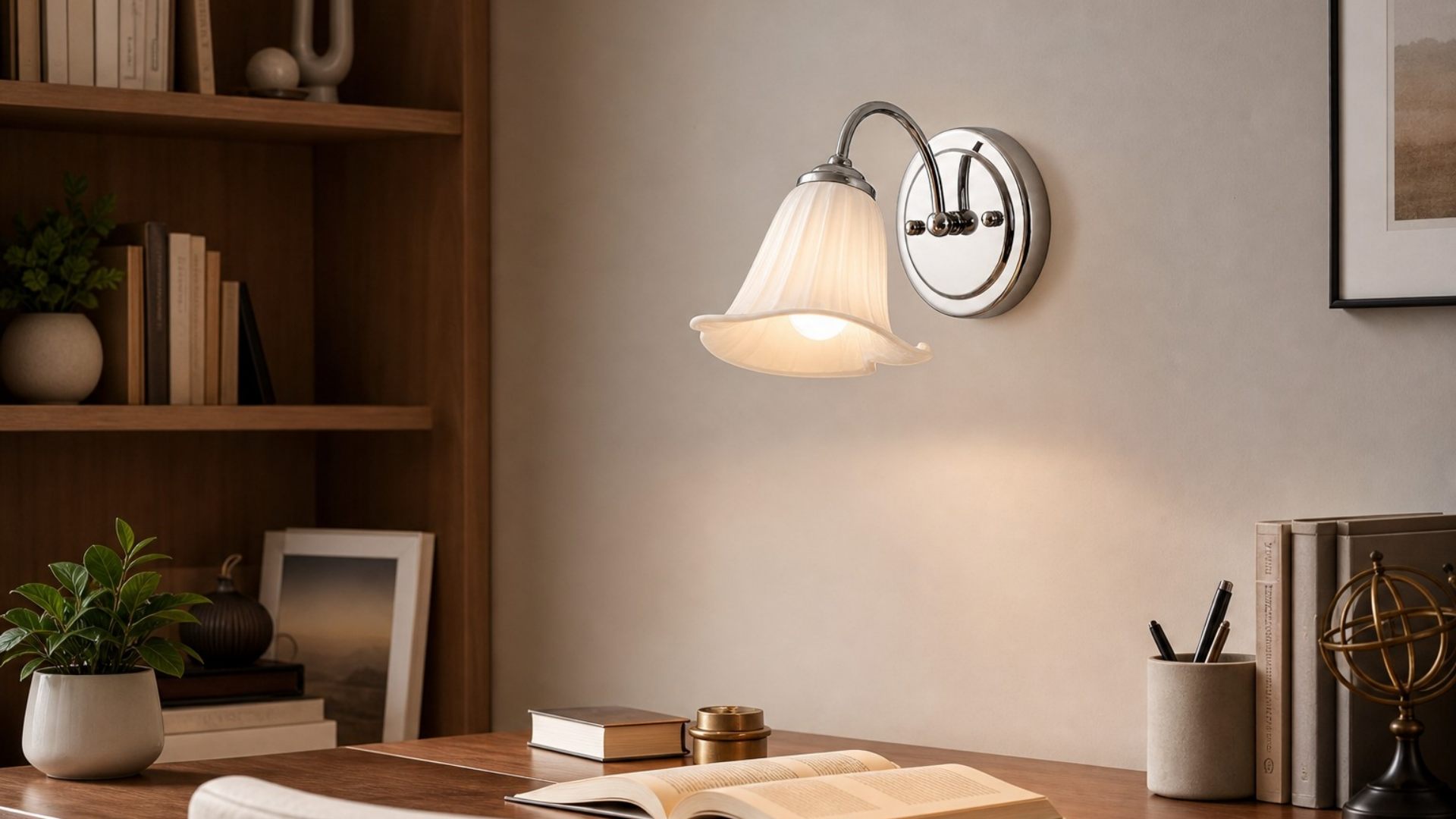 Celvane wall lamp glowing in a desk and shelf scene