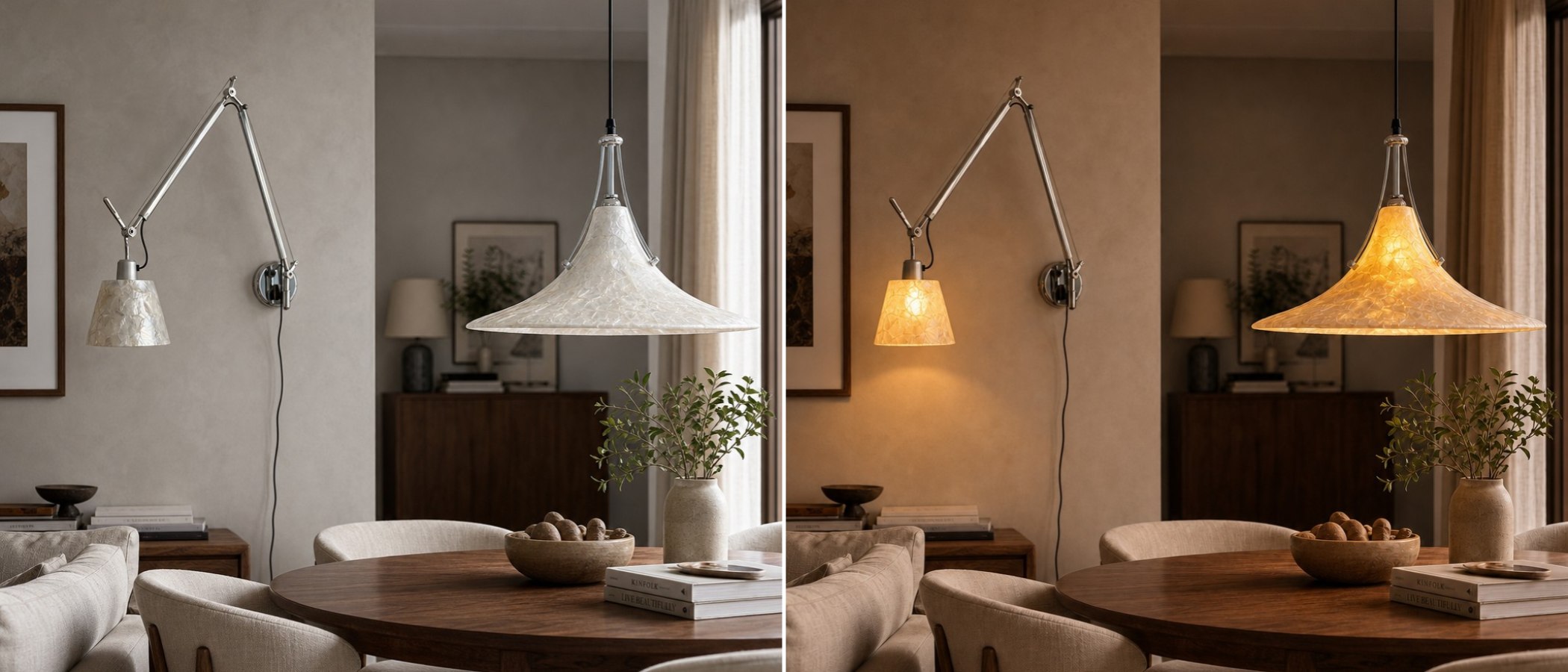 Capiz-plafondlamp met schelp, vormgegeven in een verfijnde huiselijke sfeer