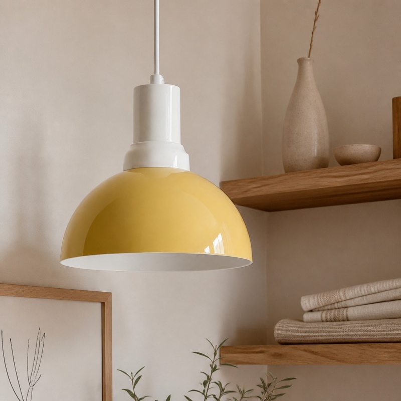 Rummia pendant lamp styled with shelves and folded textiles