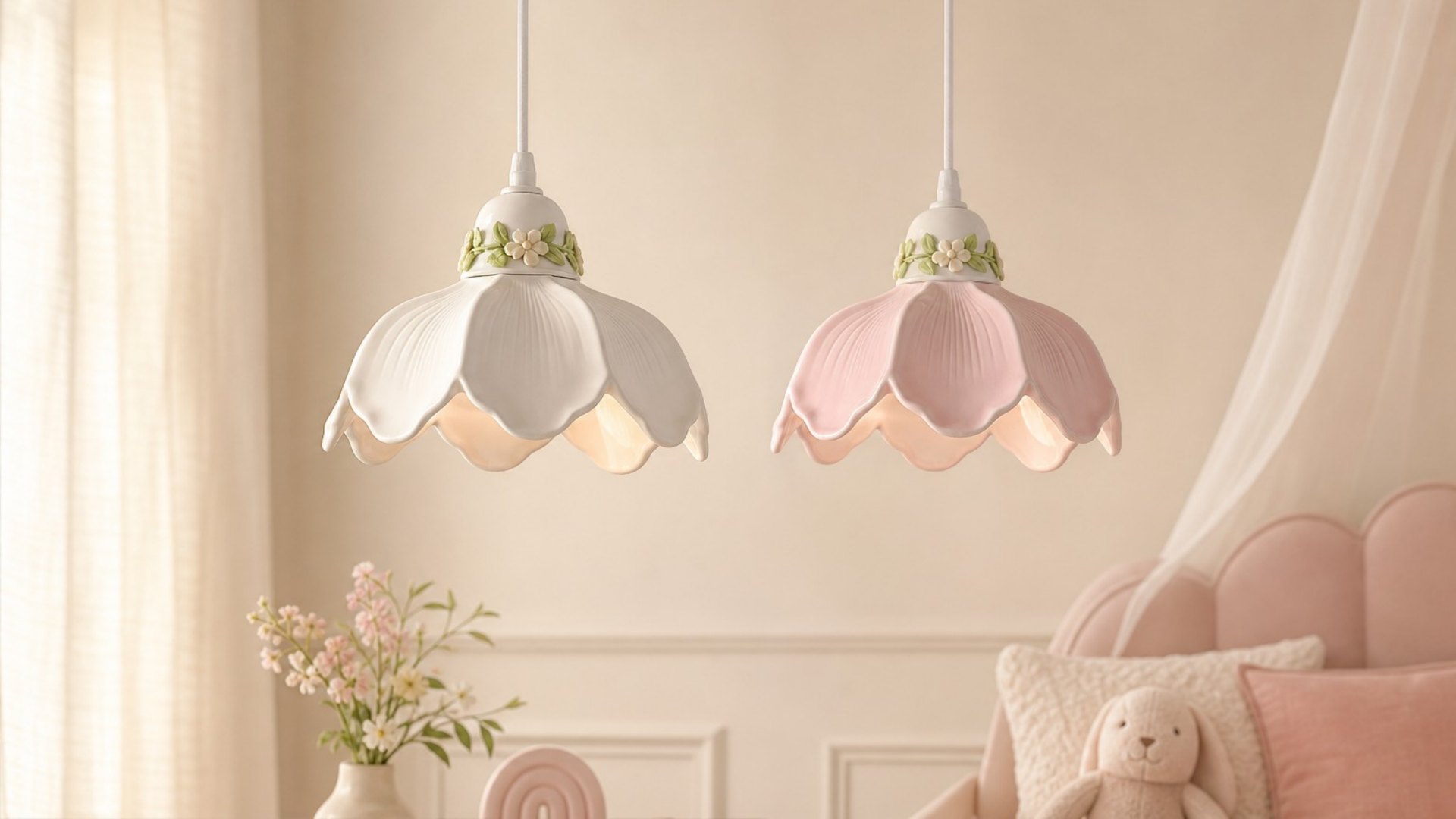 White and pink pendant lamps in a bedroom scene