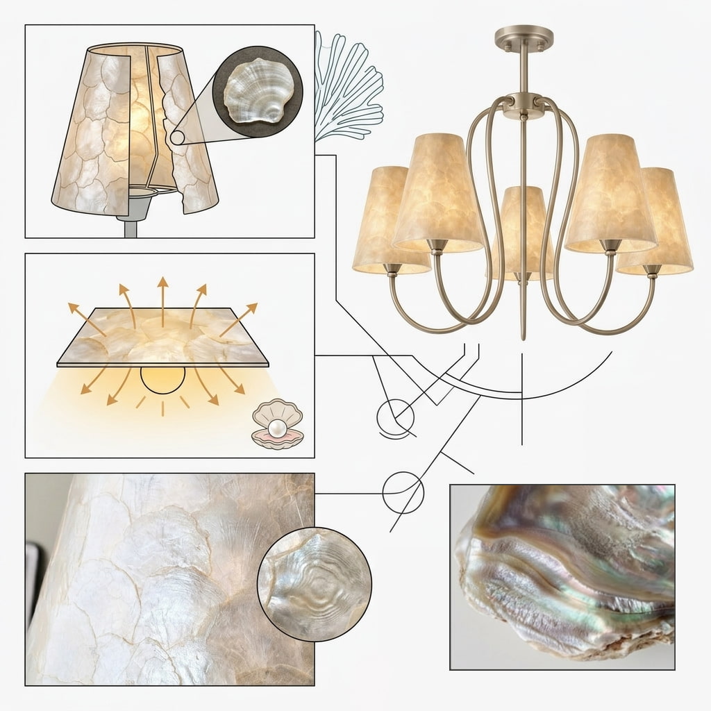 Nature-infused shell shade and chandelier material illustration
