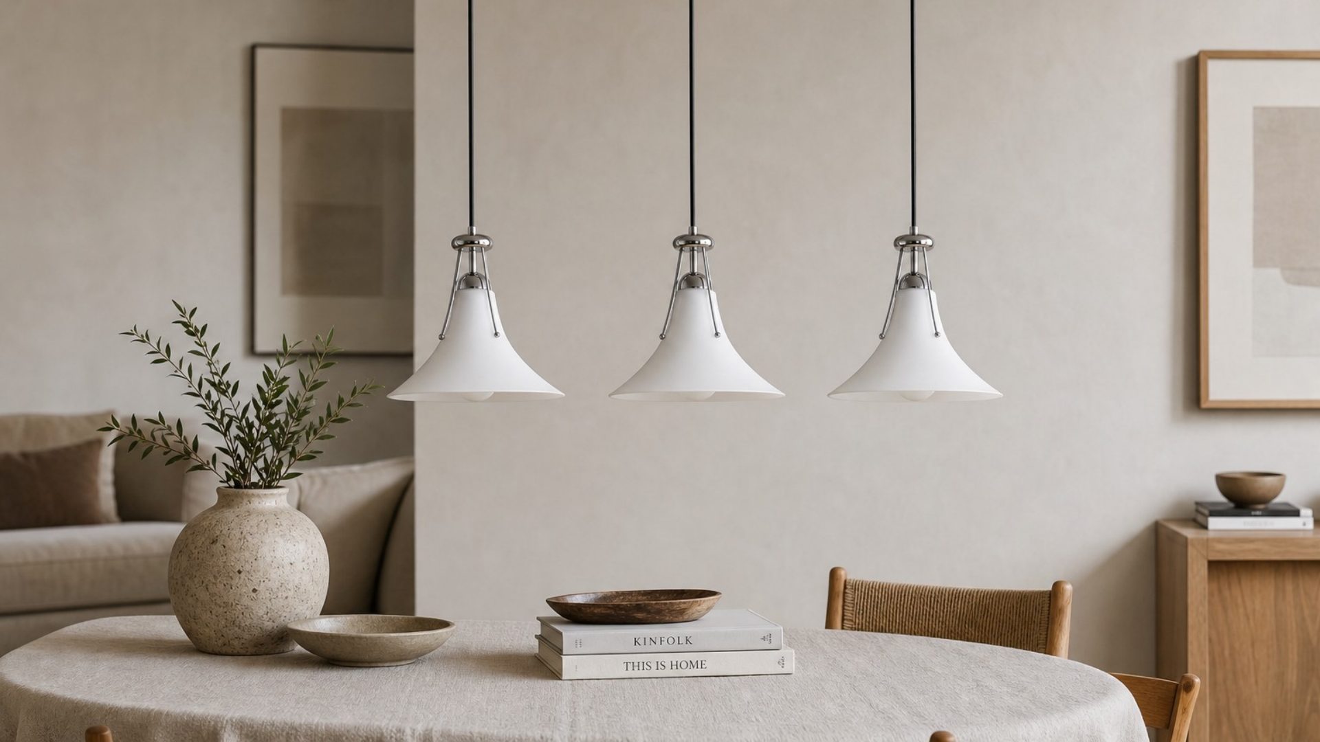 Three Kallera magnolia pendant lights in a dining room