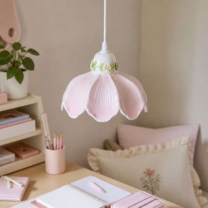 Pink flower pendant lamp in a bedroom corner