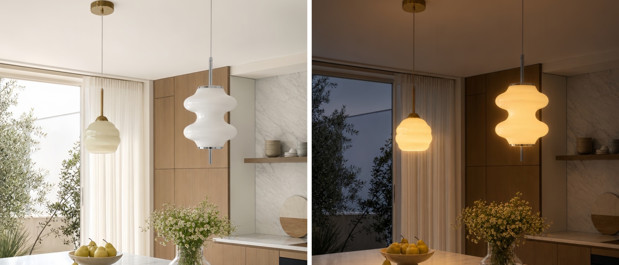 Mallew pendant light shown in day and night ambience