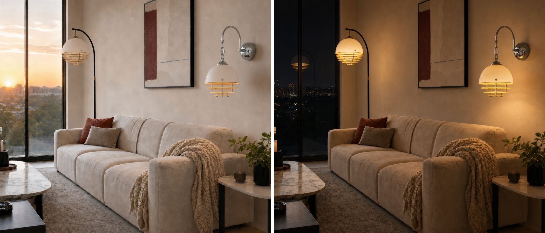 Afterglow wall lamp glowing warmly at night