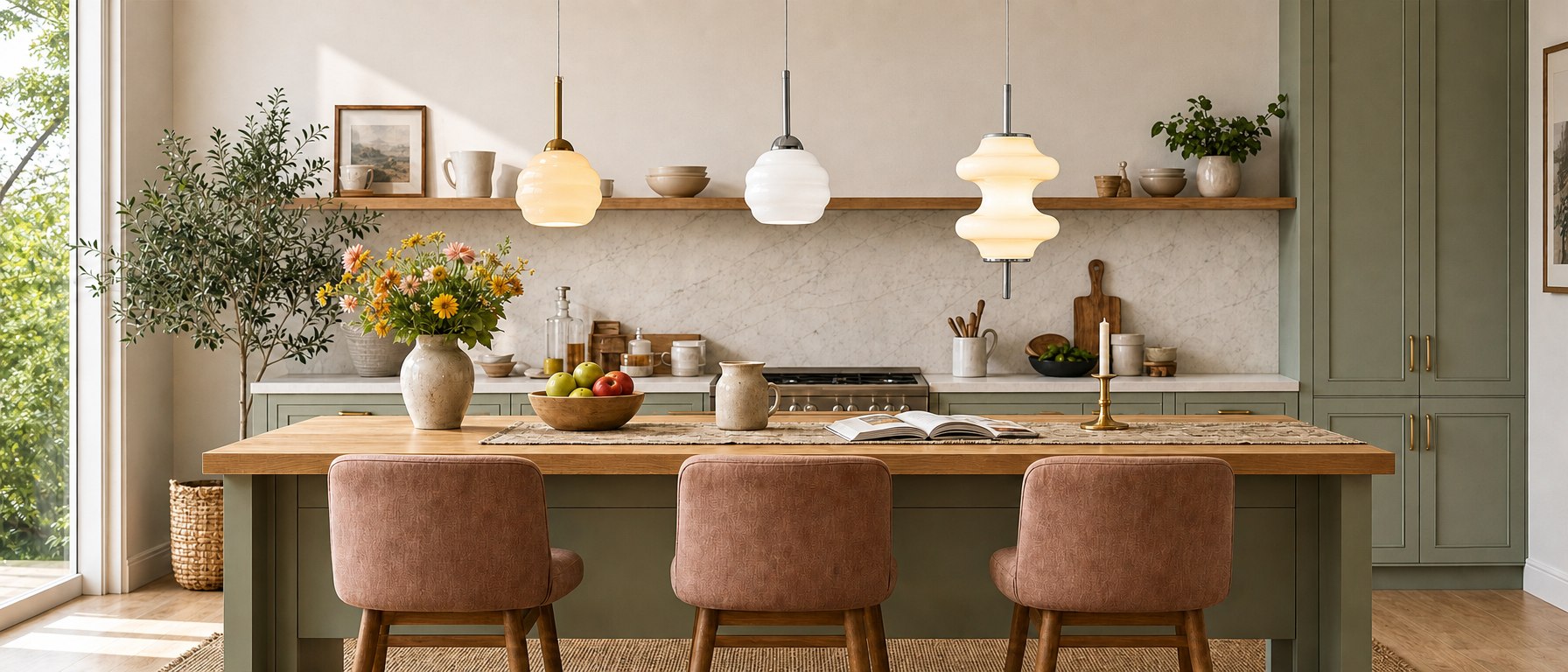 Mallew layered glass pendant lights styled above a kitchen island