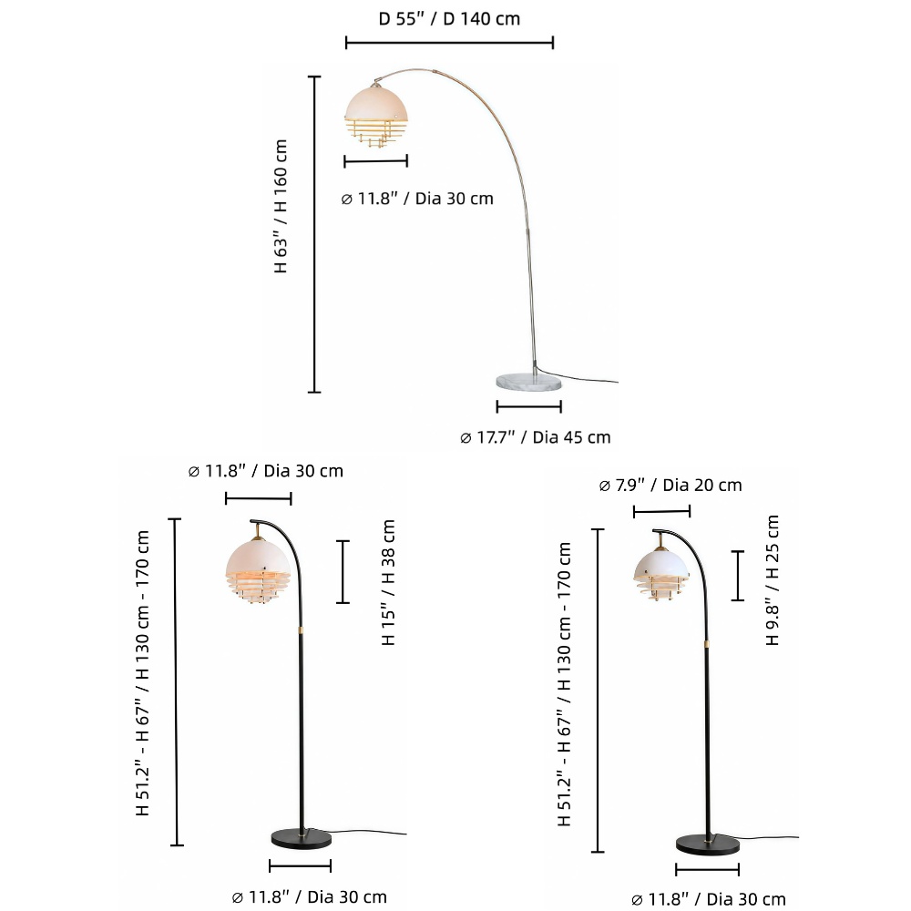 Afterglow Sunset Curved Floor Lamp dimensions diagram