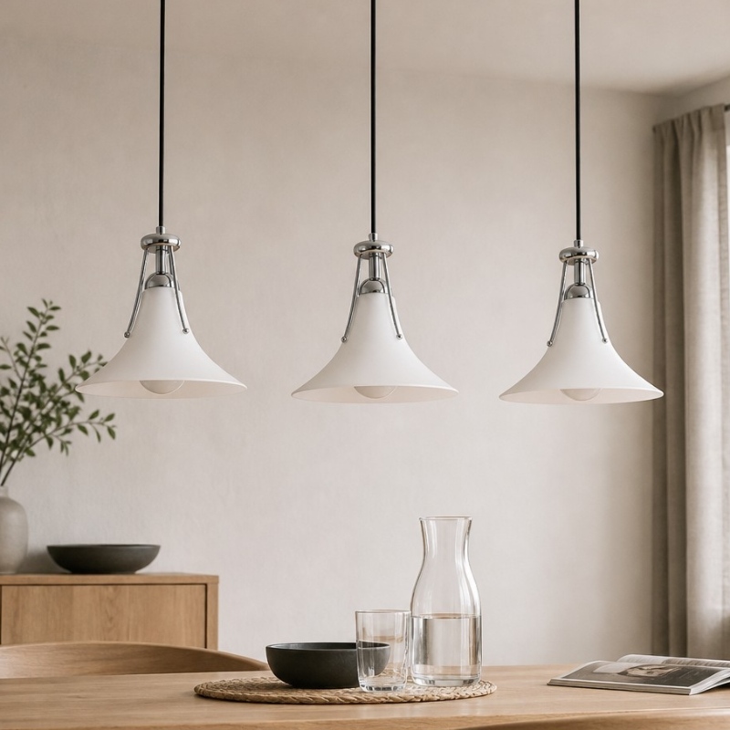 Three Kallera pendant lights above a dining table