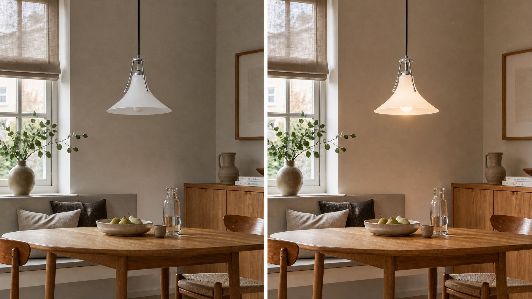 Switch light comparison showing the Kallera pendant with different light colors