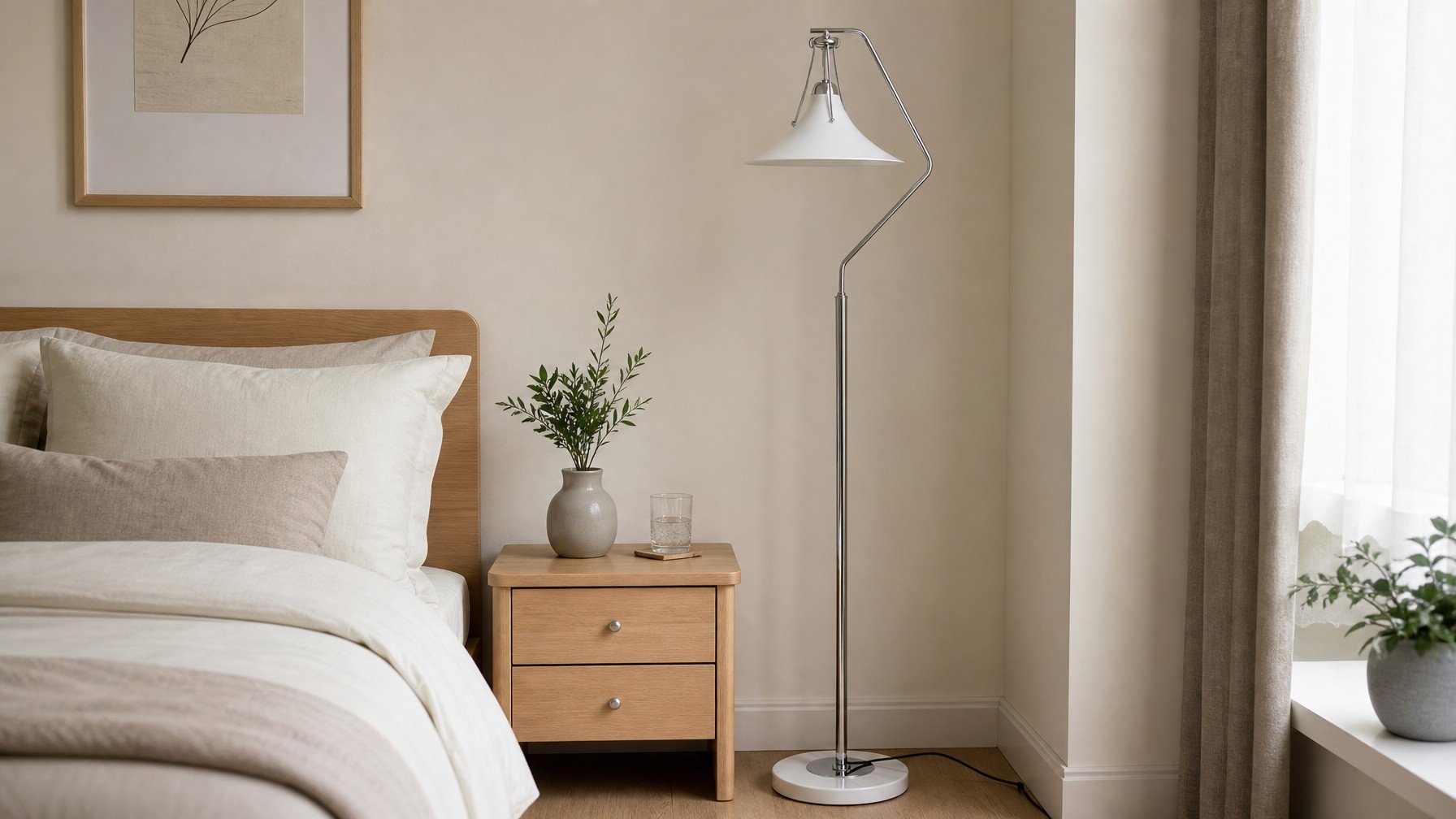 Kallera floor lamp styled beside a bed and window