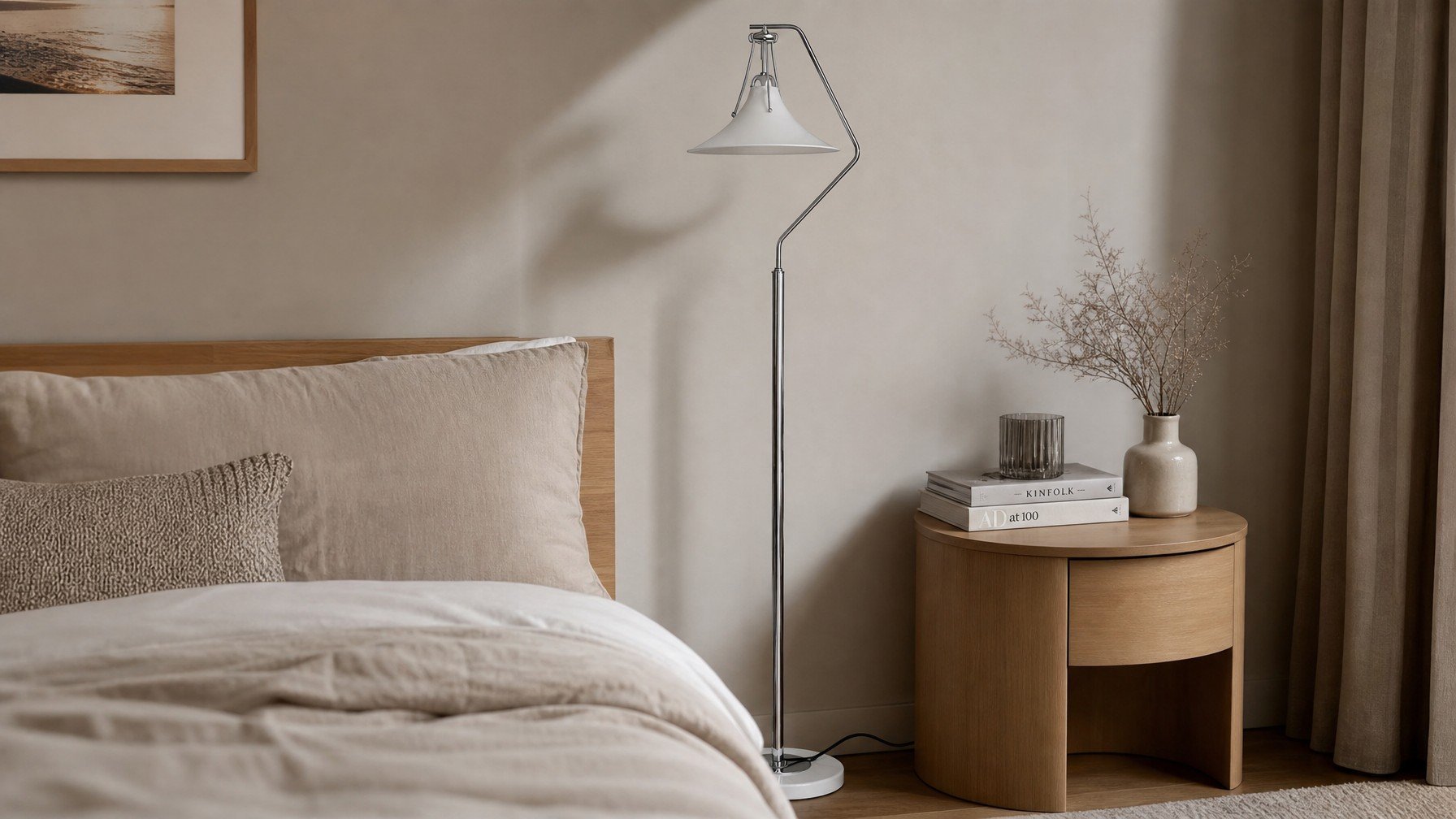 Kallera Magnolia floor lamp beside a bed and nightstand