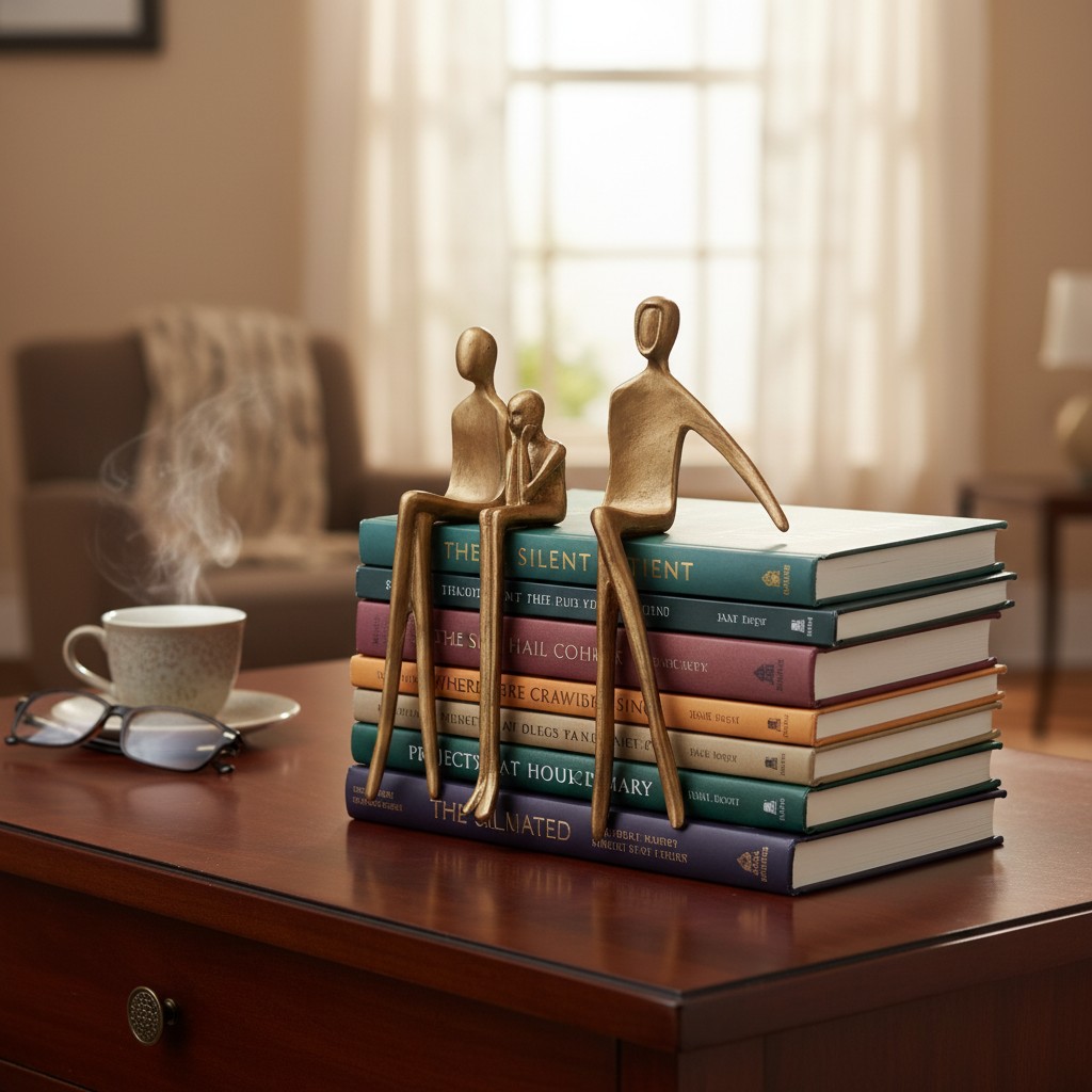 Abstract human figurines used as bookends on a tabletop