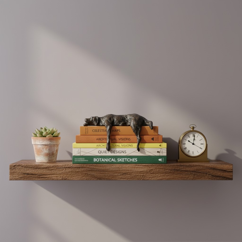Lazy dog sculpture displayed on a wall shelf with books and decor