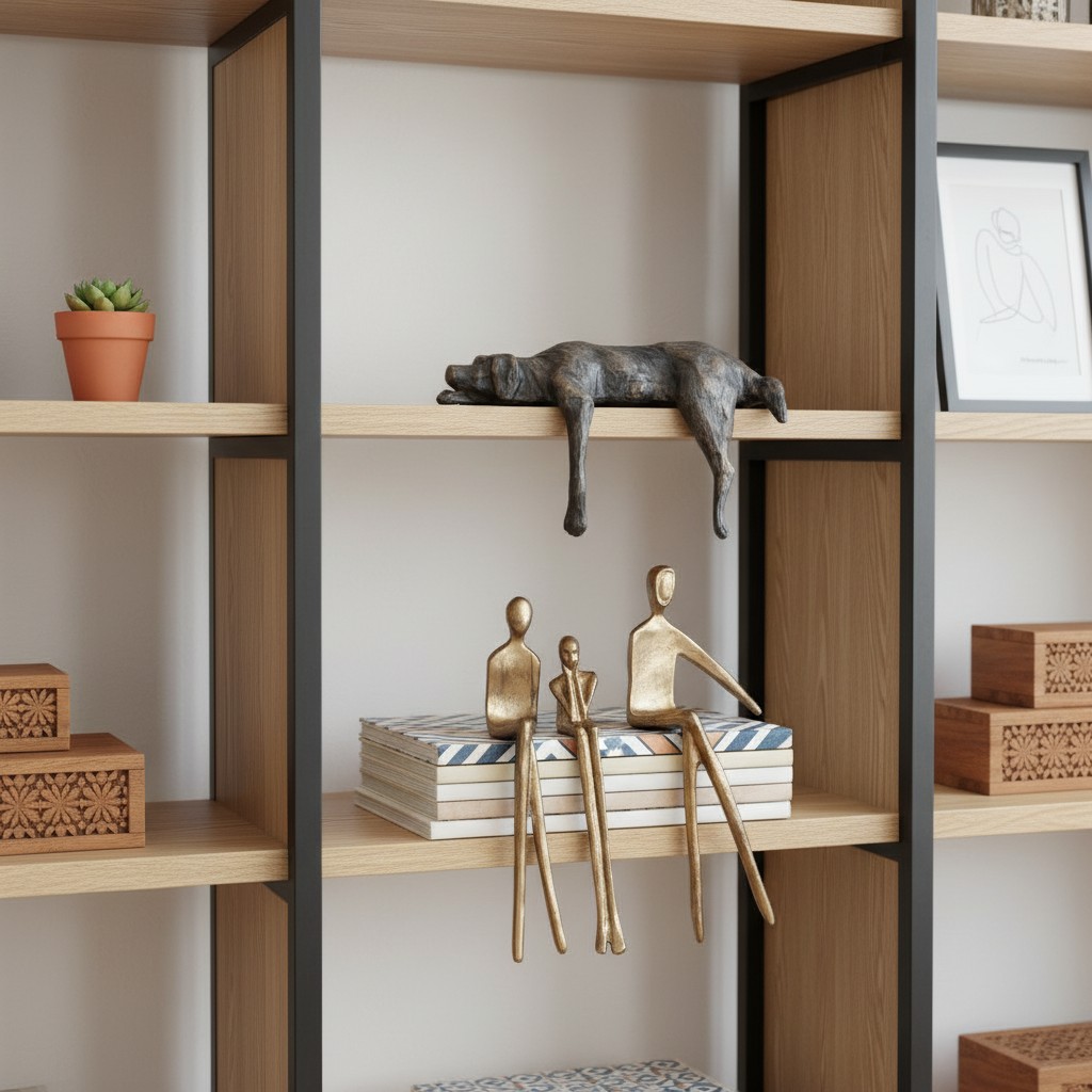 Floxo lazy dog and human figurine sculptures displayed on a shelf